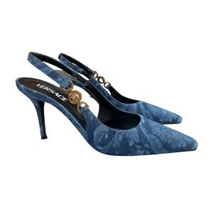 Versace Denim Blue Slingback Heels with Gold Medallions